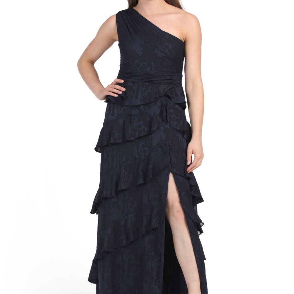 Xscape one shoulder navy blue metallic burnout dress ruffles slit size 10